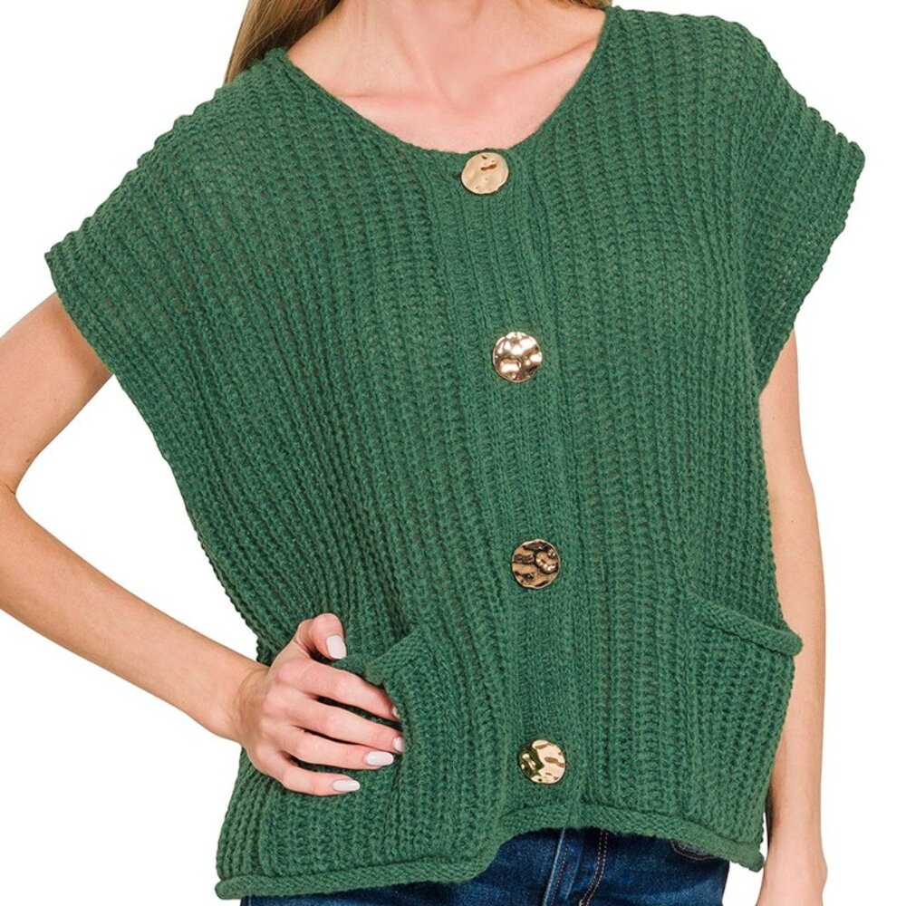 Zenana DARK GREEN Button Down Sweater Vest